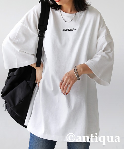 antiqua（アンティカ）の「綿100%バスク生地刺繍ロゴTシャツ（Tシャツ/カットソー・レディース・ブラック/ホワイト・ML/LXL）」の9枚目の写真