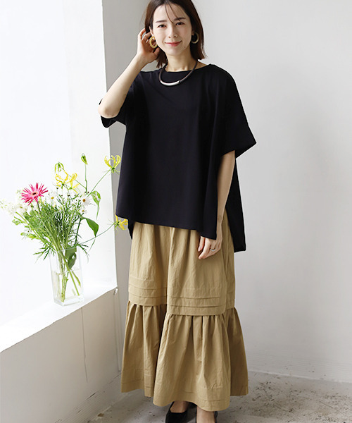 REAL CUBE（リアルキューブ）の「接触冷感サイドスリットオーバードルマンTシャツ（Tシャツ/カットソー・レディース・ブラック/オフホワイト/キャメル・FREE）」の4枚目の写真