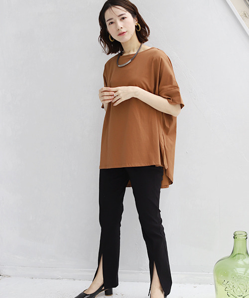 REAL CUBE（リアルキューブ）の「接触冷感サイドスリットオーバードルマンTシャツ（Tシャツ/カットソー・レディース・ブラック/オフホワイト/キャメル・FREE）」の5枚目の写真