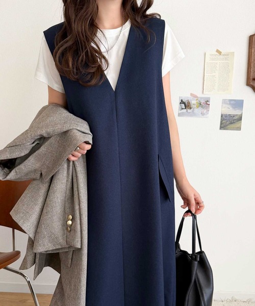 classicalelf（クラシカルエルフ）の「１枚でサマになる！上品リラクシーstyle。ポケット付 Vネック ワンピース(ロング丈)（ワンピース・レディース・モカ/ブラック/チャコールグレー/アイボリー/ベージュ/ネイビー・X-LARGE/MEDIUM/LARGE/SMALL）」の6枚目の写真