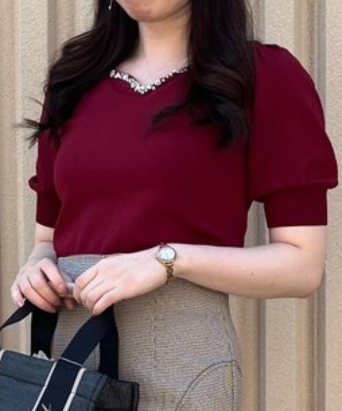 MISCH MASCH（ミッシュマッシュ）の「■2023春夏新作■フラワービジューパフ袖ニット/MM328302（ニット/セーター・レディース・ホワイト/ブラック/ベージュ/レッド/モカ/ワイン・M）」の6枚目の写真