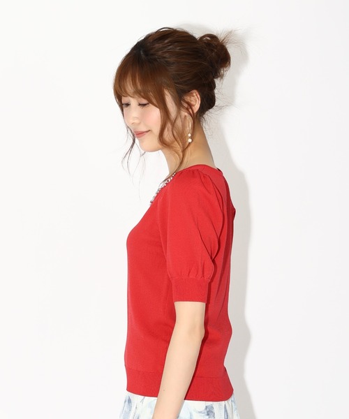 MISCH MASCH（ミッシュマッシュ）の「■2023春夏新作■フラワービジューパフ袖ニット/MM328302（ニット/セーター・レディース・ホワイト/ブラック/ベージュ/レッド/モカ/ワイン・M）」の12枚目の写真