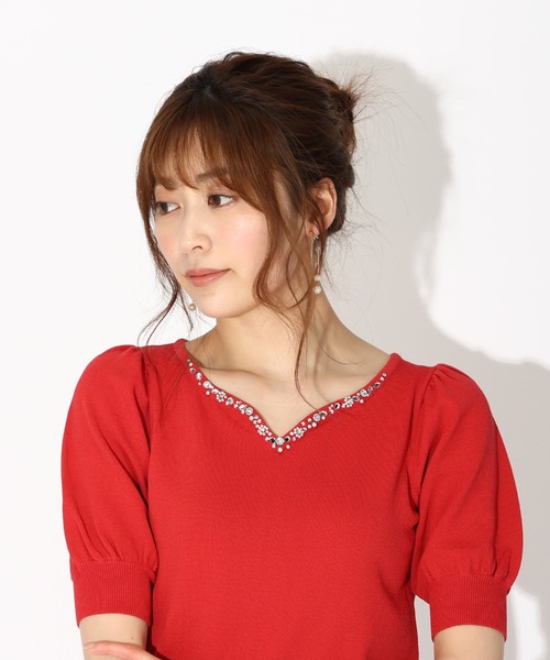 MISCH MASCH（ミッシュマッシュ）の「■2023春夏新作■フラワービジューパフ袖ニット/MM328302（ニット/セーター・レディース・ホワイト/ブラック/ベージュ/レッド/モカ/ワイン・M）」の10枚目の写真