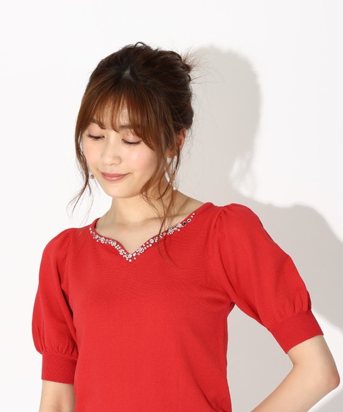 MISCH MASCH（ミッシュマッシュ）の「■2023春夏新作■フラワービジューパフ袖ニット/MM328302（ニット/セーター・レディース・ホワイト/ブラック/ベージュ/レッド/モカ/ワイン・M）」の11枚目の写真