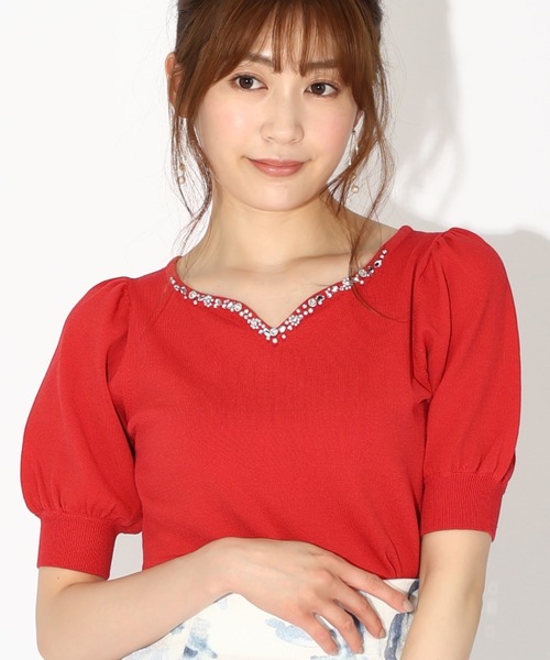 MISCH MASCH（ミッシュマッシュ）の「■2023春夏新作■フラワービジューパフ袖ニット/MM328302（ニット/セーター・レディース・ホワイト/ブラック/ベージュ/レッド/モカ/ワイン・M）」の9枚目の写真