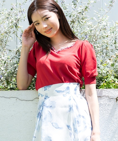 MISCH MASCH（ミッシュマッシュ）の「■2023春夏新作■フラワービジューパフ袖ニット/MM328302（ニット/セーター・レディース・ホワイト/ブラック/ベージュ/レッド/モカ/ワイン・M）」の16枚目の写真