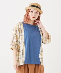 CUBE SUGAR（キューブシュガー）の「カットソー×チェックバルーン袖切替Tシャツ（Tシャツ/カットソー）」