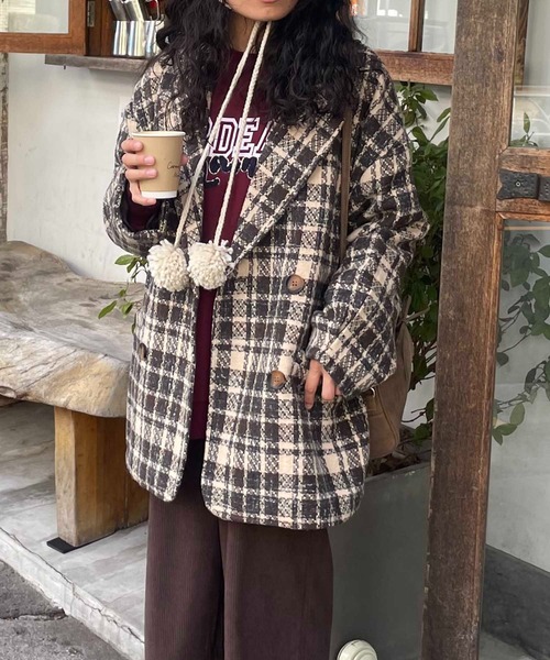 AS KNOW AS plus（アズノゥアズプラス）の「☆ブークレチェックミドルコート（ピーコート・レディース・オレンジ/ネイビー/ブラック/ブラウン/ピンク・FREE）」の3枚目の写真