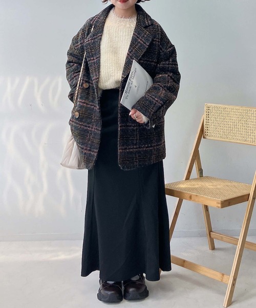 AS KNOW AS plus（アズノゥアズプラス）の「☆ブークレチェックミドルコート（ピーコート・レディース・オレンジ/ネイビー/ブラック/ブラウン/ピンク・FREE）」の15枚目の写真