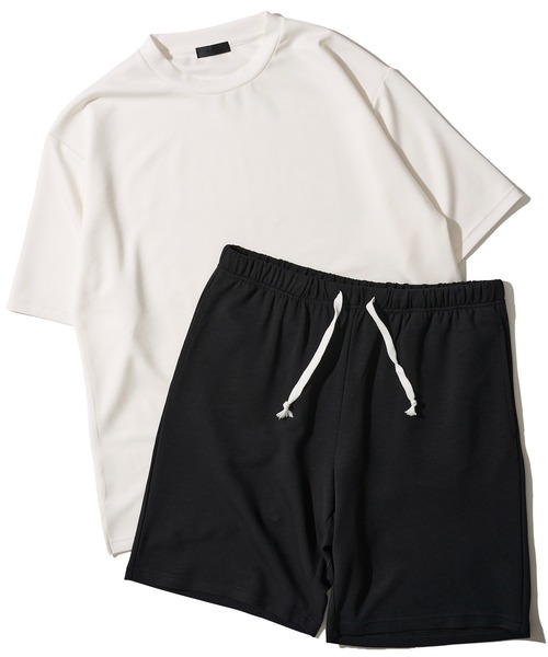 ADPOSION(アドポーション)の「【上下2点セット】冷感ポンチ 半袖Tシャツ&ハーフパンツ ルームウェア(ルームウェア/パジャマ・メンズ・ホワイト×ブラック/ブラック×グレー/グレー/ブルーグレー/ブラック/グリーン/チャコールグレー・X-LARGE/LARGE/MEDIUM)」の2枚目の写真