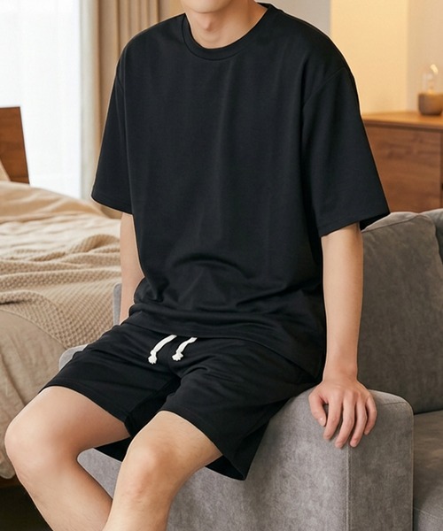 ADPOSION(アドポーション)の「【上下2点セット】冷感ポンチ 半袖Tシャツ&ハーフパンツ ルームウェア(ルームウェア/パジャマ・メンズ・ホワイト×ブラック/ブラック×グレー/グレー/ブルーグレー/ブラック/グリーン/チャコールグレー・X-LARGE/LARGE/MEDIUM)」の3枚目の写真