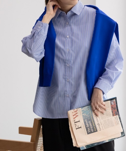 NAVY（ネイビー）の「NAVY ストライプシャツ（シャツ/ブラウス・レディース・ネイビー/ベージュ/グリーン/サックスブルー・M/L/S/XL）」の4枚目の写真