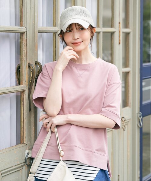 ikka（イッカ）の「ミニ裏毛スウェットライク半袖Tシャツ（Tシャツ/カットソー・レディース・チャコールグレー/オフホワイト/ピンク/ライトグレー/ダークグリーン・M/L/S）」の8枚目の写真