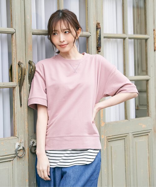 ikka（イッカ）の「ミニ裏毛スウェットライク半袖Tシャツ（Tシャツ/カットソー・レディース・チャコールグレー/オフホワイト/ピンク/ライトグレー/ダークグリーン・M/L/S）」の9枚目の写真