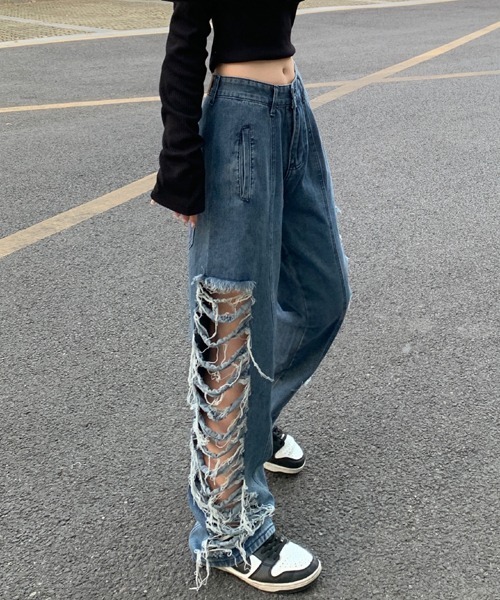 Mayree（メイリー）の「【Mayree】サイドダメージデニムパンツ（デニムパンツ・レディース・ブルー・MEDIUM/LARGE/X-LARGE/SMALL）」の2枚目の写真