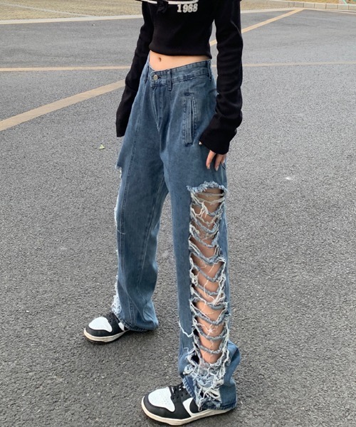 Mayree（メイリー）の「【Mayree】サイドダメージデニムパンツ（デニムパンツ・レディース・ブルー・MEDIUM/LARGE/X-LARGE/SMALL）」の3枚目の写真