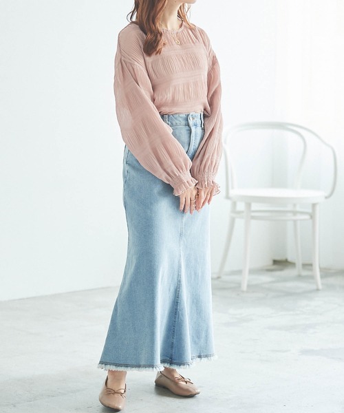mil（ミル）の「【150㎝前後の小柄さんサイズ】フリンジデニムマーメイドスカート（デニムスカート・レディース・ネイビー/サックスブルー/オフホワイト・XXS/XS/S）」の4枚目の写真