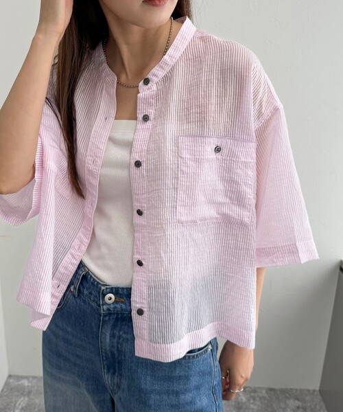 fredy emue（フレディエミュ）の「【新色登場】半袖シアーシャツ（シャツ/ブラウス・レディース・ブルー系その他/グレー系その他/チャコールグレー/オフホワイト/ピンク系その他・38）」の2枚目の写真