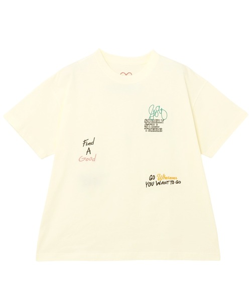 andme(アンドミー)の「ランダムエンブロイダリーロゴ半袖Tシャツ(Tシャツ/カットソー・レディース・キナリ/オフホワイト/スミクロ/オートミール・M/S)」の6枚目の写真