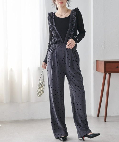 RANAN(ラナン)の「フロッキードット柄フリルサロペット(サロペット/オーバーオール・レディース・チャコール/ブラック・M/L/LL)」の14枚目の写真