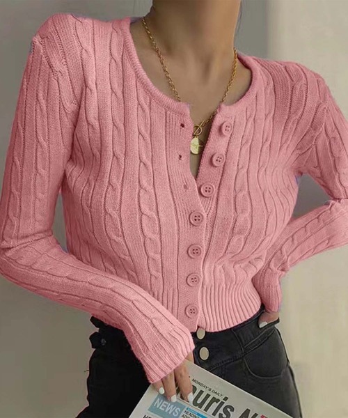 Jasmine Grandiflorum（ジャスミングランディフローラム）の「【Jasmine】ケーブル編みニットカーディガン（カーディガン/ボレロ・レディース・ブラック/ブルー/ホワイト/グリーン/ピンク・FREE）」の5枚目の写真