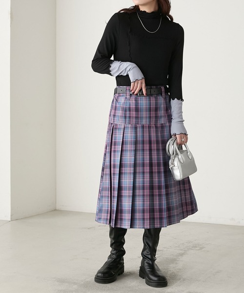 BONLECILL（ボンルシール）の「BIGチェック切替ミディプリーツスカート（スカート・レディース・チャコールグレー/ピンク/ブラウン/ネイビー・FREE）」の7枚目の写真