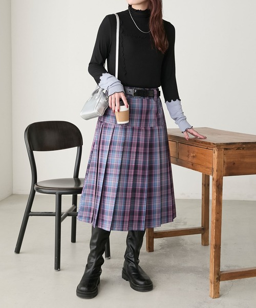 BONLECILL（ボンルシール）の「BIGチェック切替ミディプリーツスカート（スカート・レディース・チャコールグレー/ピンク/ブラウン/ネイビー・FREE）」の10枚目の写真