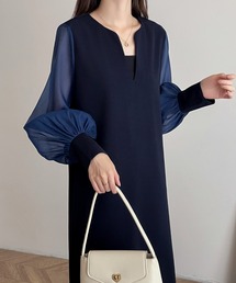 異素材シアースリーブスキッパネックスリットワンピース