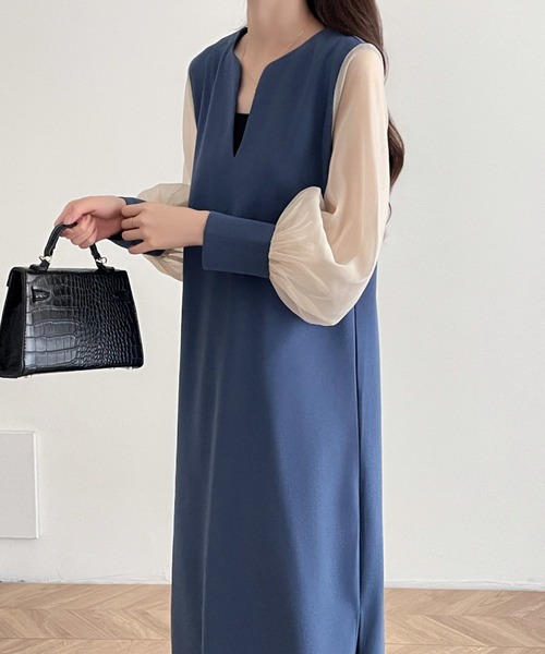ABITOKYO（アビトーキョー）の「異素材シアースリーブスキッパネックスリットワンピース（ワンピース・レディース・ベージュ系その他/ブルー/ブラック/チャコールグレー/グレー/ベージュ/ネイビー・M/L）」の22枚目の写真