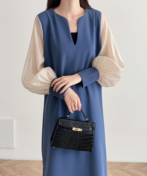 ABITOKYO（アビトーキョー）の「異素材シアースリーブスキッパネックスリットワンピース（ワンピース・レディース・ベージュ系その他/ブルー/ブラック/チャコールグレー/グレー/ベージュ/ネイビー・M/L）」の21枚目の写真