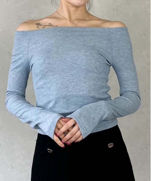 Per sist ence（パーシエンス）の「ラメリブオフショルトップス（Tシャツ/カットソー・レディース・アイボリー/ブラック/グレー/ブルー/カーキ・FREE）」の5枚目の写真