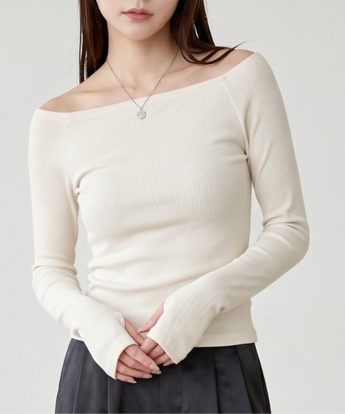 Per sist ence(パーシエンス)の「ラメリブオフショルトップス(Tシャツ/カットソー・レディース・アイボリー/ブラック/グレー/ブルー/カーキ・FREE)」の2枚目の写真