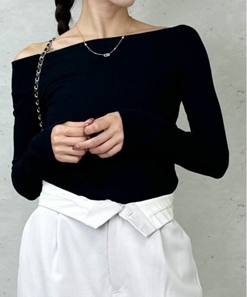 Per sist ence（パーシエンス）の「ラメリブオフショルトップス（Tシャツ/カットソー・レディース・アイボリー/ブラック/グレー/ブルー/カーキ・FREE）」の3枚目の写真