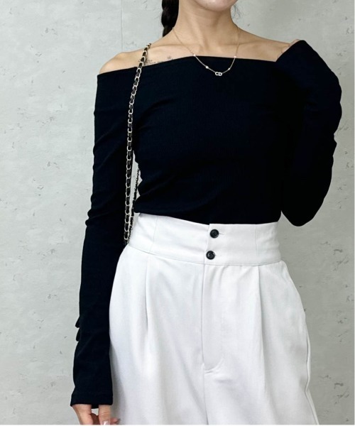 Per sist ence（パーシエンス）の「ラメリブオフショルトップス（Tシャツ/カットソー・レディース・アイボリー/ブラック/グレー/ブルー/カーキ・FREE）」の12枚目の写真