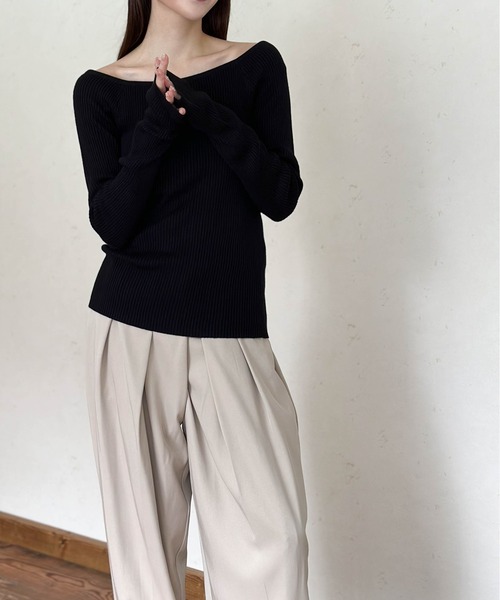 Per sist ence（パーシエンス）の「ラメリブオフショルトップス（Tシャツ/カットソー・レディース・アイボリー/ブラック/グレー/ブルー/カーキ・FREE）」の8枚目の写真