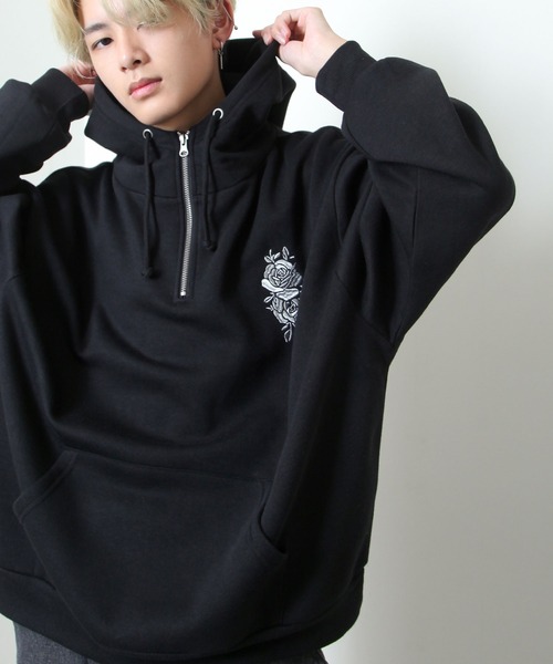 NILWAY(ニルウェイ)の「薔薇 刺繍 ハイネック スウェット ハーフジップ オーバー パーカー(パーカー・メンズ・チャコール/杢グレー/ブルー/ブラック・MEDIUM/LARGE)」の6枚目の写真