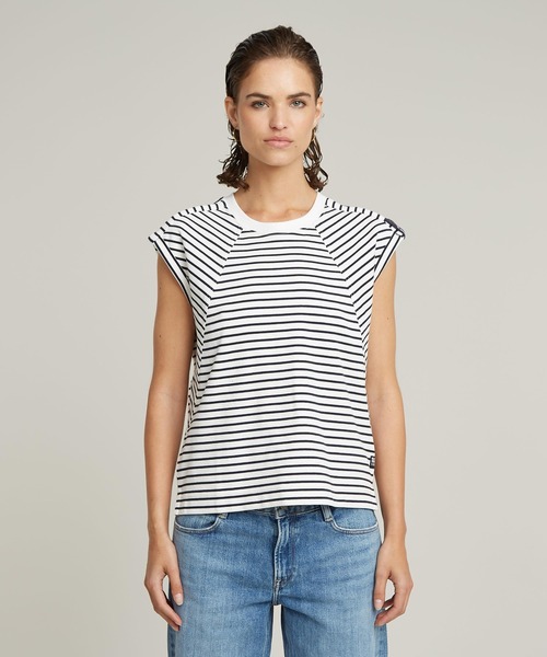 送料込★G-Star★Spaghetti Strap Rib ノースリーブTシャツ セール】SEAM DETAIL STRIPE LOOSE TOP/シームディテール