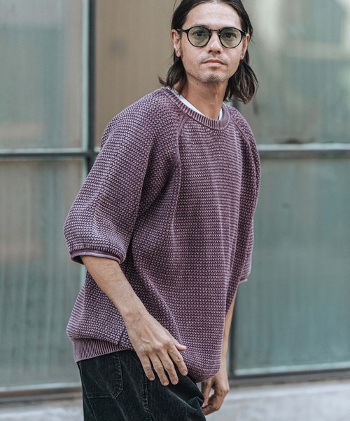 mn3081-Pigment Waffle Knit Short Sleeve Pullover クルーネック