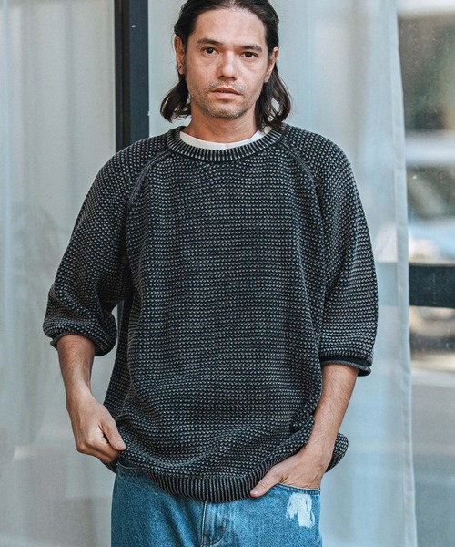 mn3081-Pigment Waffle Knit Short Sleeve Pullover クルーネック