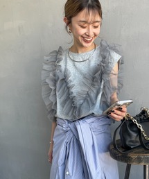 nenom（ネノム）の「[nenom/ネノム] マルチWAY ビスチェ風チュールフリルドッキングノースリーブTシャツ（Tシャツ/カットソー）」