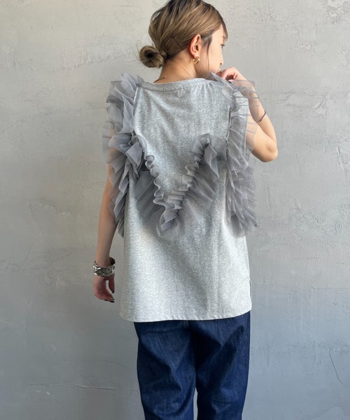 tシャツ チェックチュールドッキングノースリT レディース nenom/ネノム] マルチWAY ビスチェ風チュールフリルドッキング