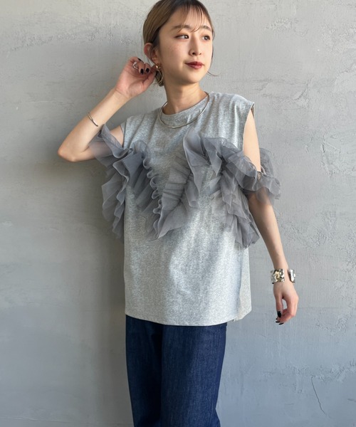 microwave オレンジ Tシャツ チュールフリル 新品　未使用　タグ付き microwave オレンジ Tシャツ チュールフリル 新品 未使用 タグ