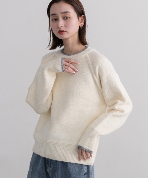 ad thie(アドティエ)の「配色ラグラン クルーネックニット(ニット/セーター・レディース・ブルー/グレー/オフホワイト・FREE)」の2枚目の写真