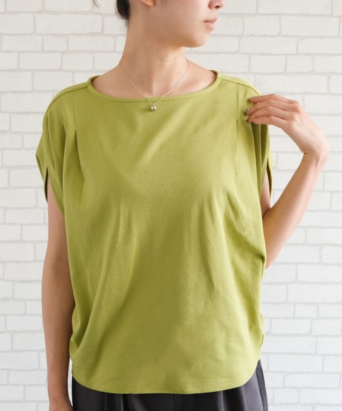 aquagarage(アクアガレージ)の「ひんやり涼感のスリットスリーブトップス(Tシャツ/カットソー・レディース・アイボリー/キャメル/グリーン/チャコール/ピンク/ブラック・L/M)」の1枚目の写真