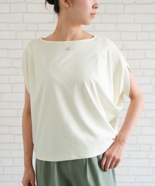 aquagarage(アクアガレージ)の「ひんやり涼感のスリットスリーブトップス(Tシャツ/カットソー・レディース・アイボリー/キャメル/グリーン/チャコール/ピンク/ブラック・L/M)」の2枚目の写真