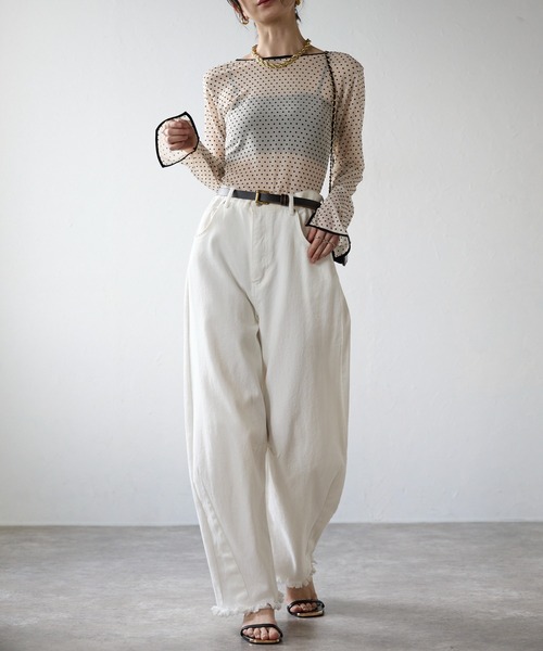 each(イーチ)の「【前後2WAY】フロッキードットパイピングシアーロンT(Tシャツ/カットソー・レディース・アイボリー/ブラック・FREE)」の19枚目の写真