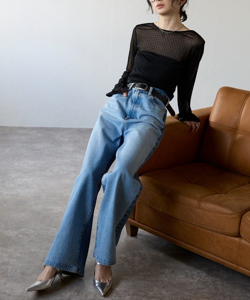 each(イーチ)の「【前後2WAY】フロッキードットパイピングシアーロンT(Tシャツ/カットソー・レディース・アイボリー/ブラック・FREE)」の3枚目の写真