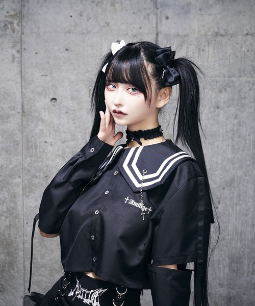Amilige（アミリージュ）の「チェーンクロス付きセーラーショートブラウス（シャツ/ブラウス・レディース・ブラック×ブラック/ブラック×ホワイト/ストライプ・FREE）」の18枚目の写真