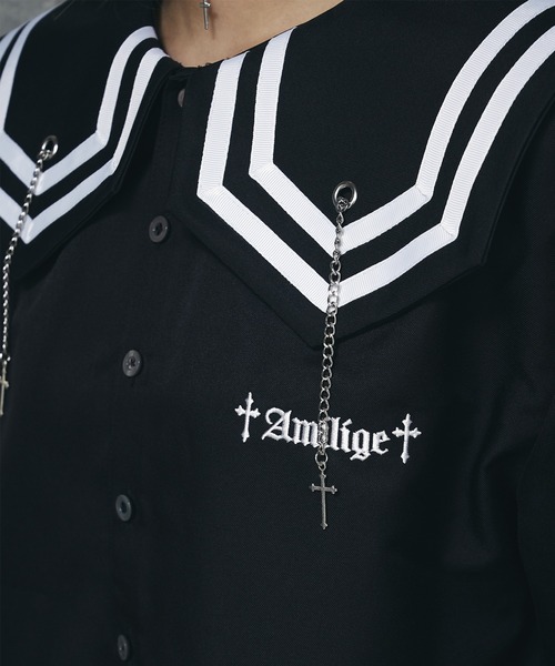 Amilige（アミリージュ）の「チェーンクロス付きセーラーショートブラウス（シャツ/ブラウス・レディース・ブラック×ブラック/ブラック×ホワイト/ストライプ・FREE）」の11枚目の写真