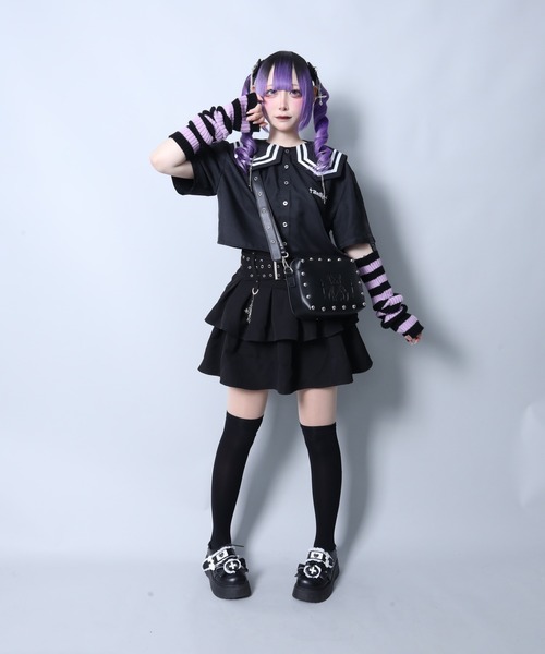 Amilige（アミリージュ）の「チェーンクロス付きセーラーショートブラウス（シャツ/ブラウス・レディース・ブラック×ブラック/ブラック×ホワイト/ストライプ・FREE）」の10枚目の写真